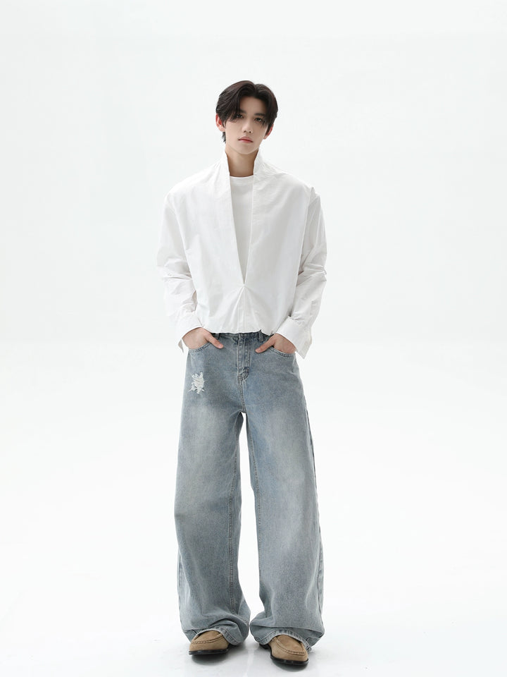 Cotton Deep V Stand Collar Shirt
