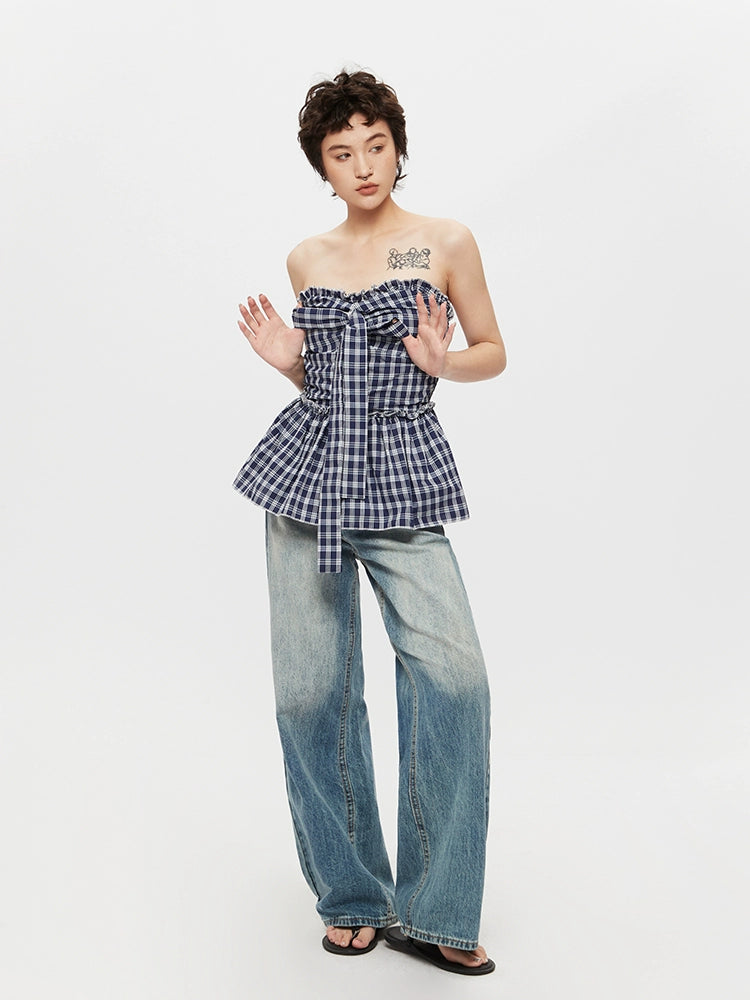 Plaid Strapless Pleated Bandeau Top