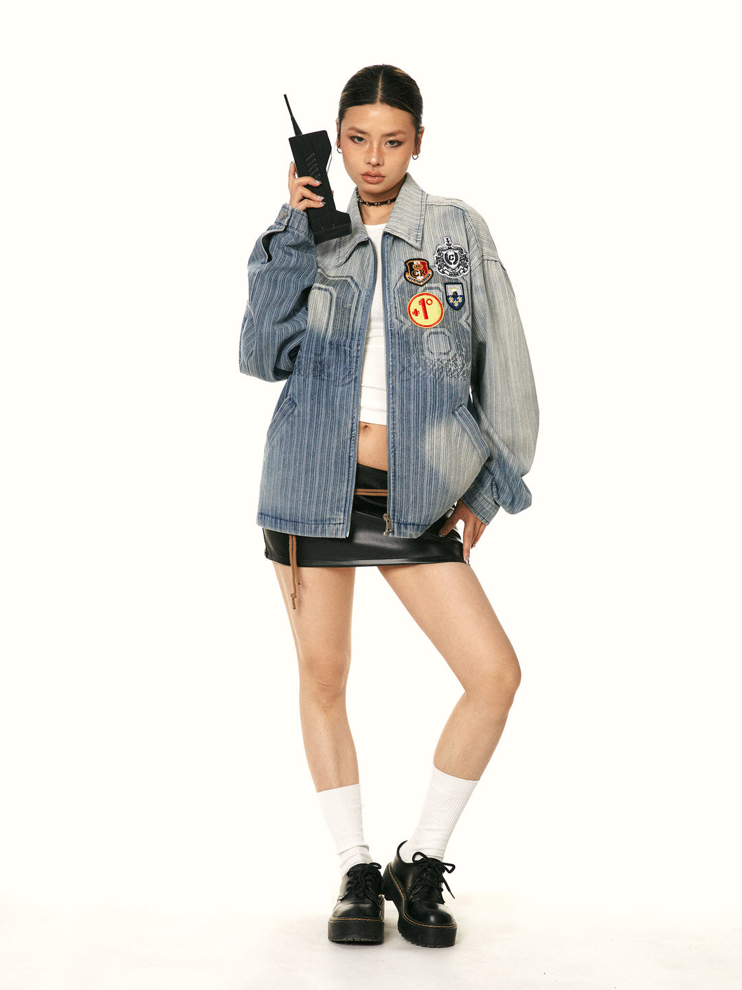 Embroidered Patch Distressed Denim Jacket