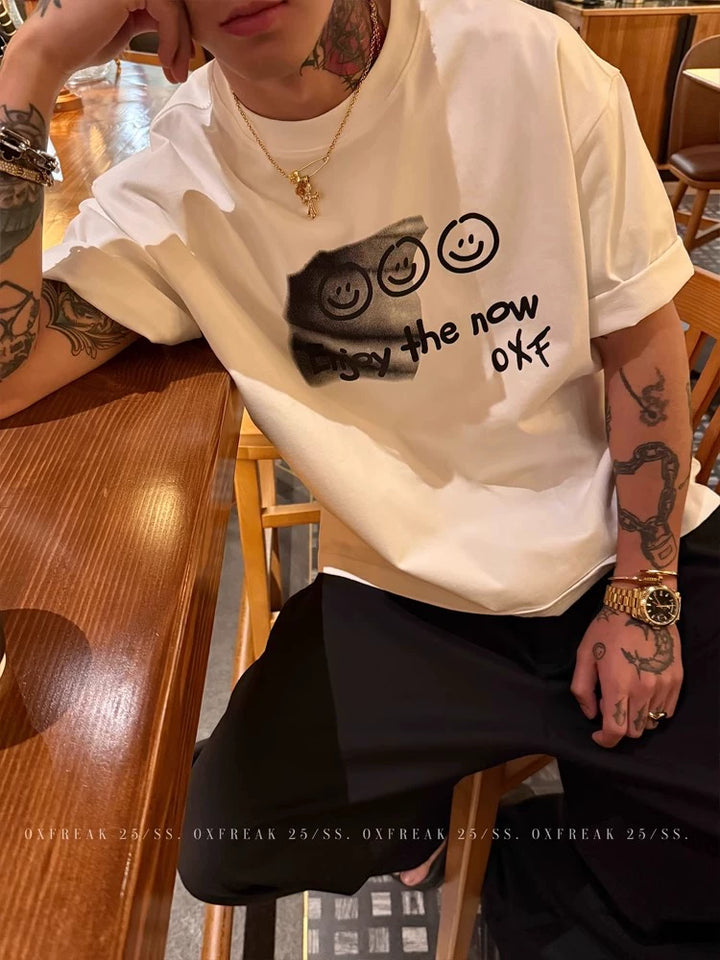 Håndmalet smiley ansigt bomulds T-shirt 
