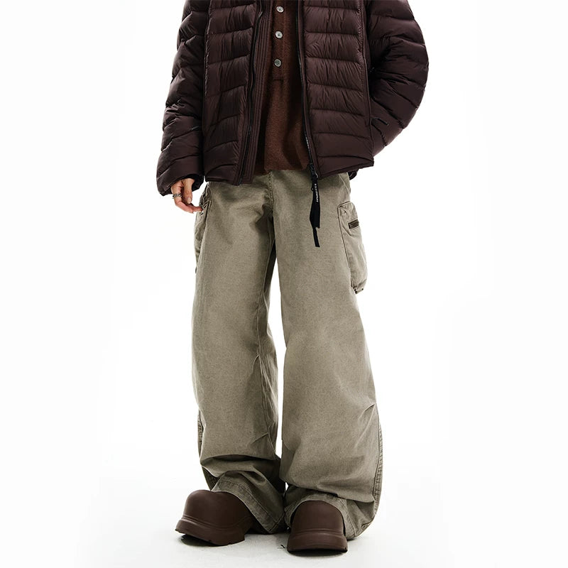 Distressed Washed Wide-Leg Workwear Pants