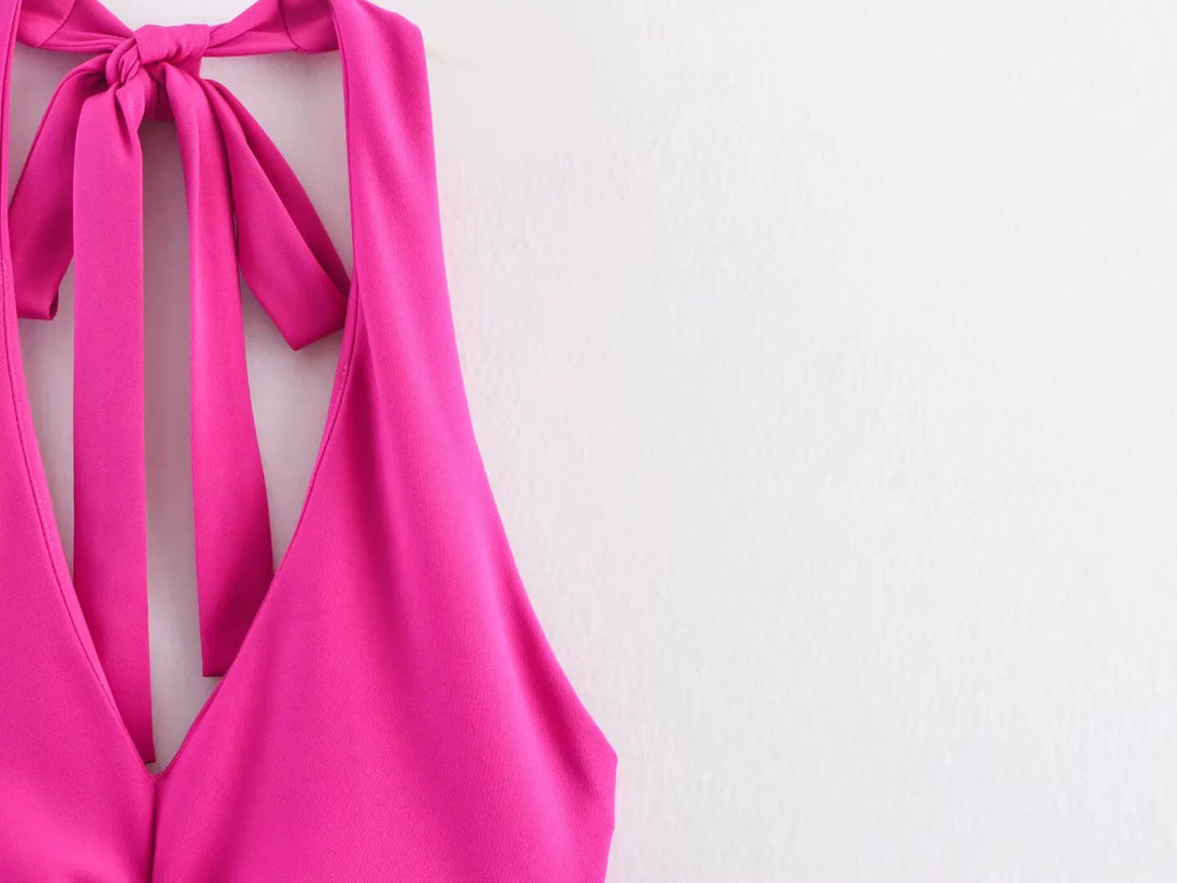 Plissert Halter Midi Kjole med Knute Bak 