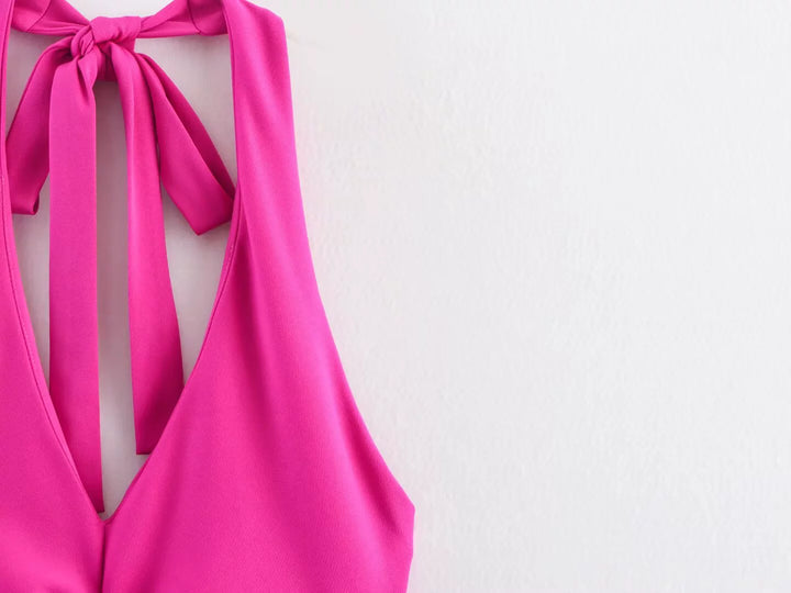 Plissert Halter Midi Kjole med Knute Bak 