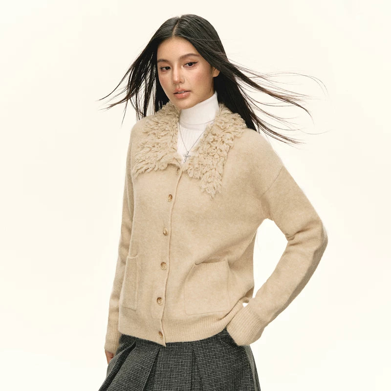 سترة كاردجان محبوكة بياقة فuzzy Retro 