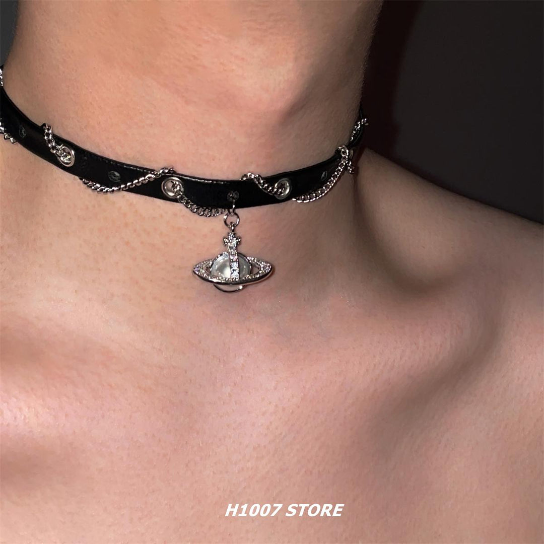 Planet Pendant Leather Choker Necklace