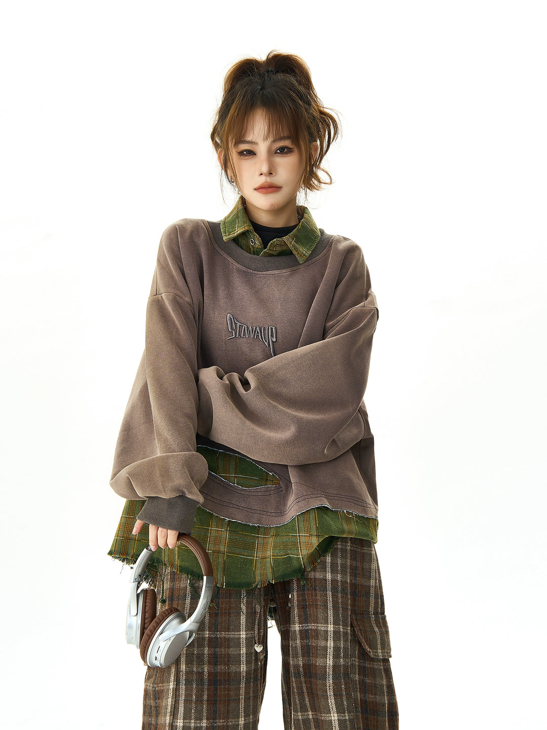 Retro Rutete Splice Slitt Sweatshirt Sett 