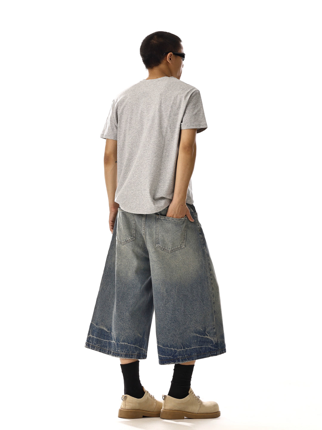 Brede-Leg Trekkoord Geknipte Denim Broek 
