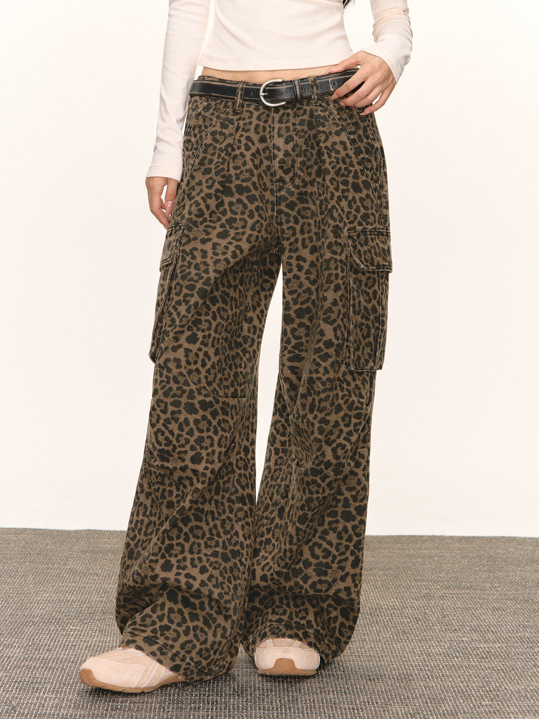 Leopardprint brede ben cargo-bukser 