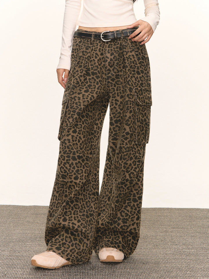 Leopardprint brede ben cargo-bukser 