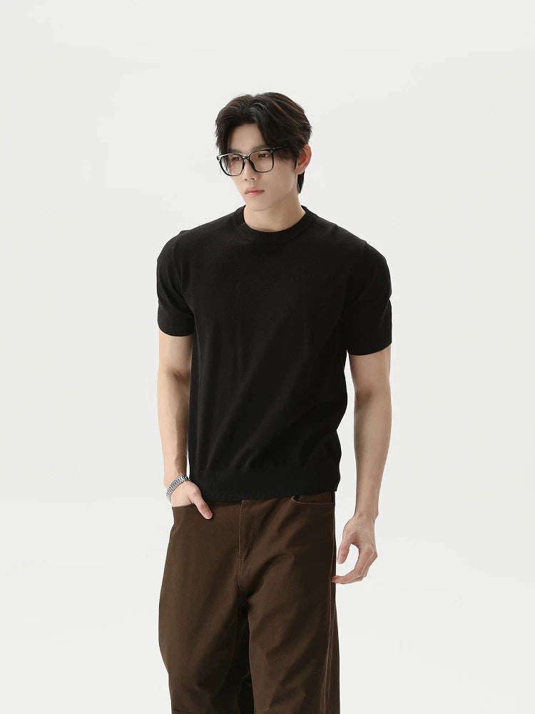 Örgü Kısa Kol Yuvarlak Yaka Tişört 