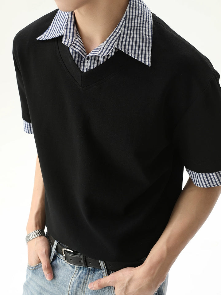Layered Shirt Collar Short Sleeve Pullover
