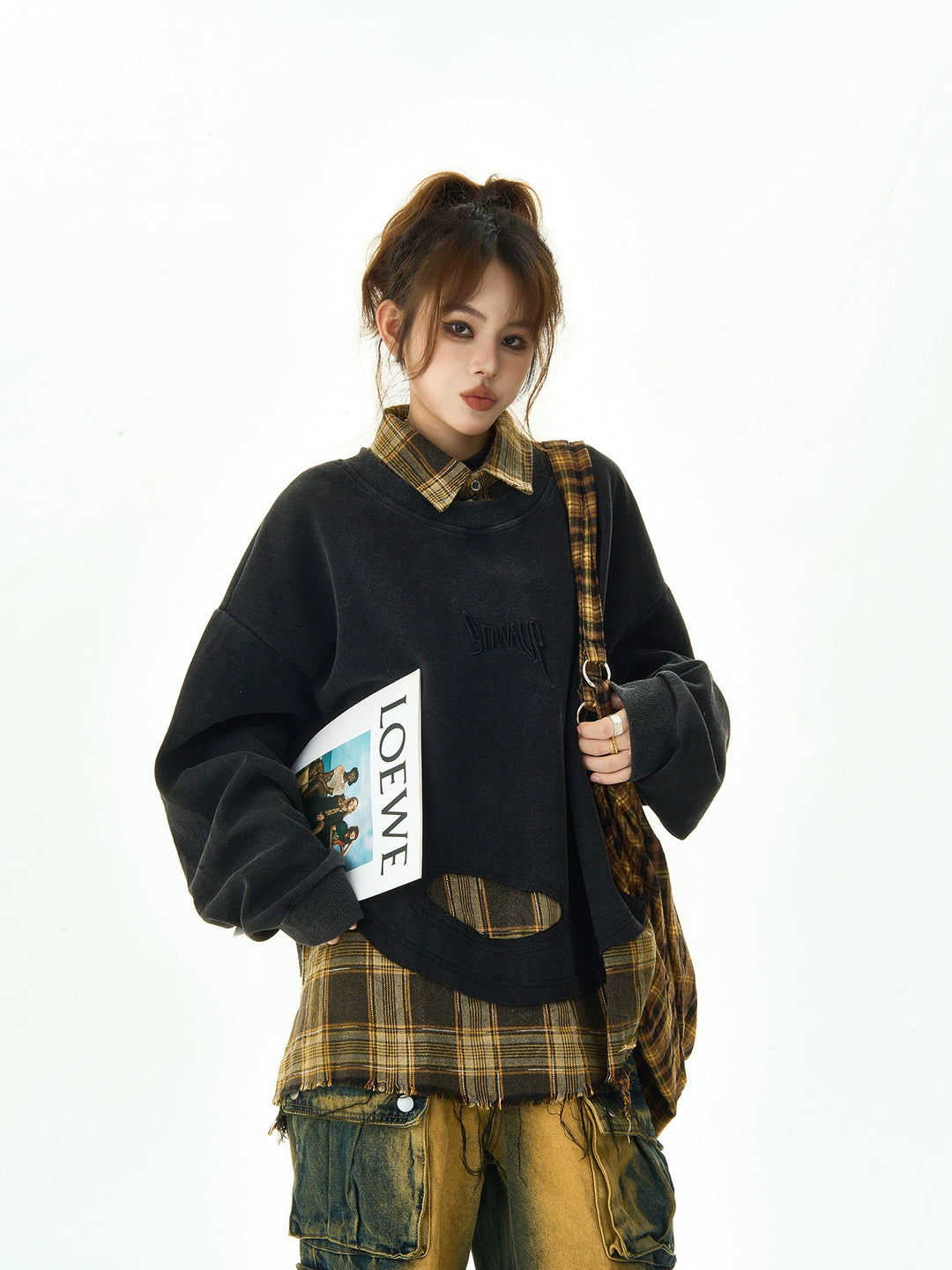 Retro Rutete Splice Slitt Sweatshirt Sett 