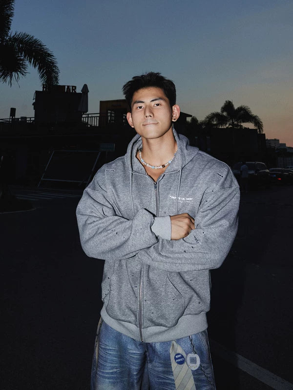 Faux Ripped Casual Zip-Up Hoodie