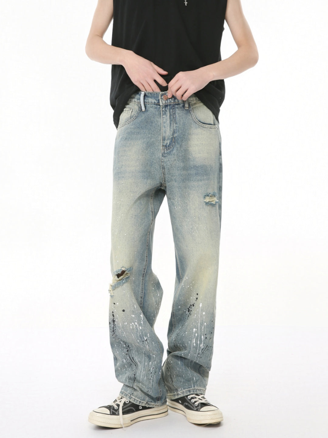 Ripped Ink-Splashed Loose Denim Pants