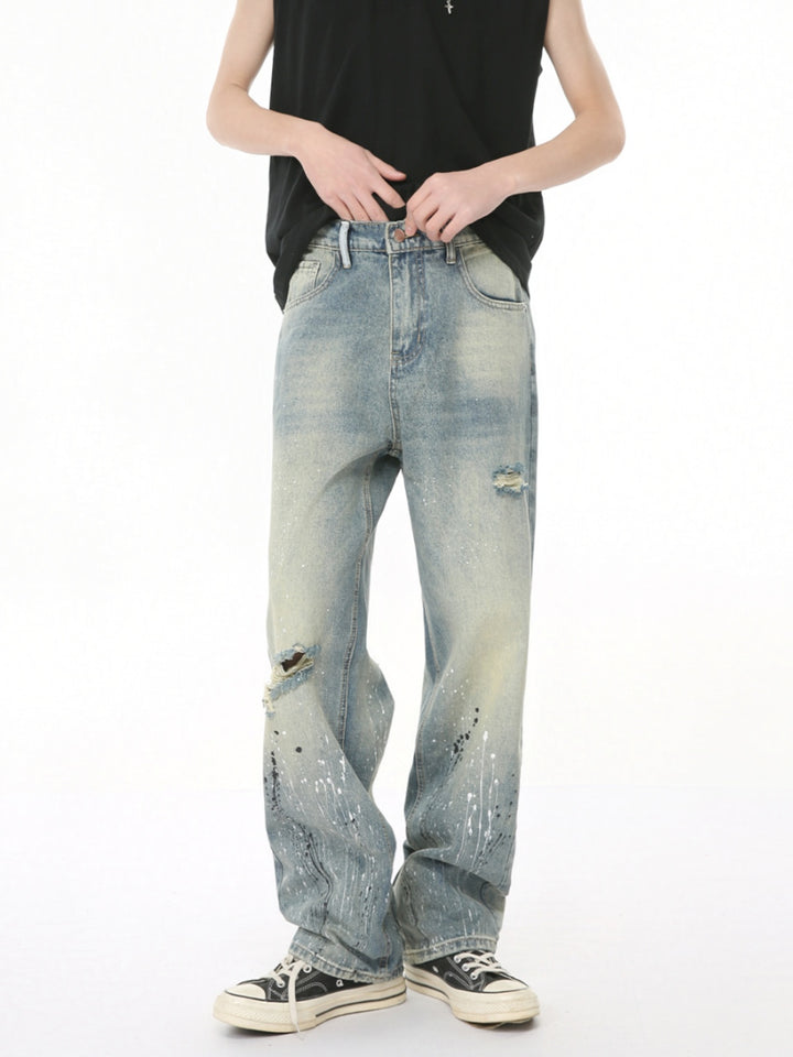 Ripped Ink-Splashed Loose Denim Pants