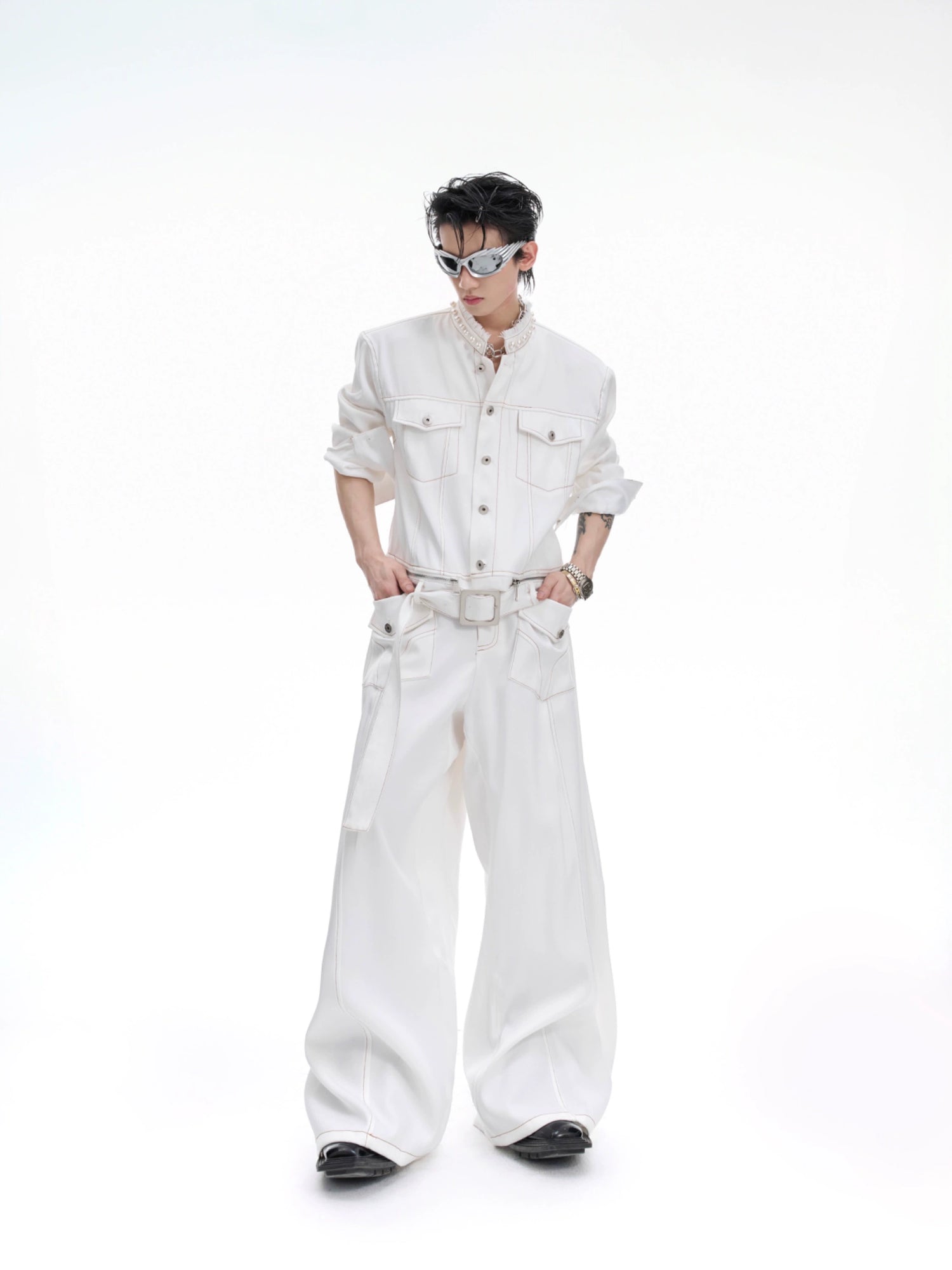 طقم بنطلون جينز واسع الساق بدون ياقة 