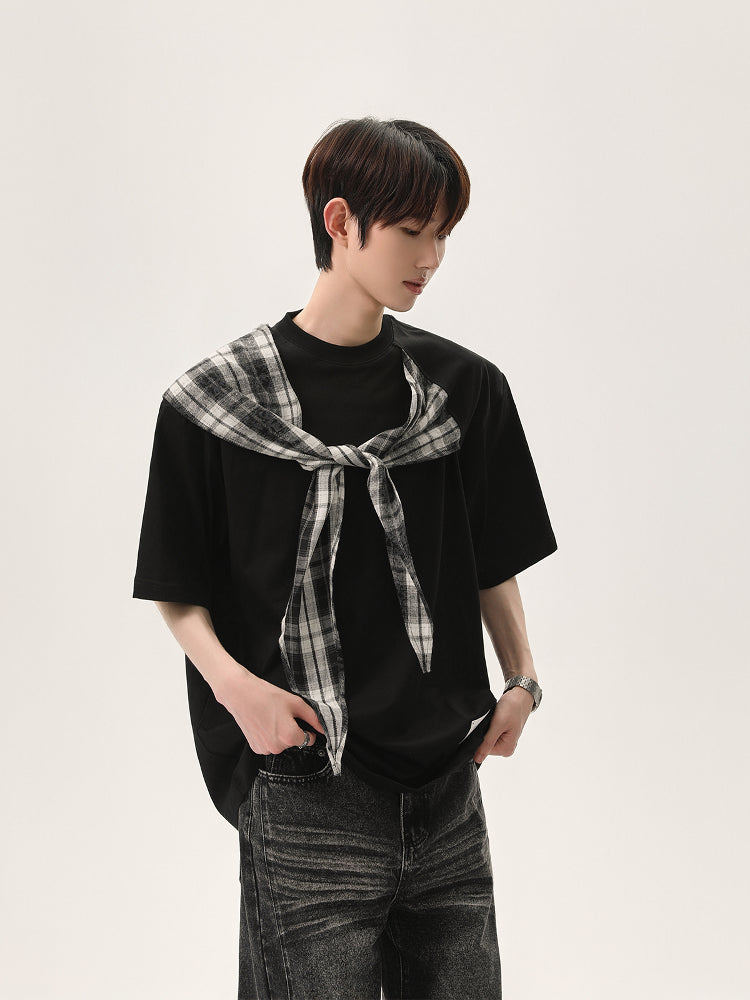Plaid Shawl Short-Sleeve Pullover