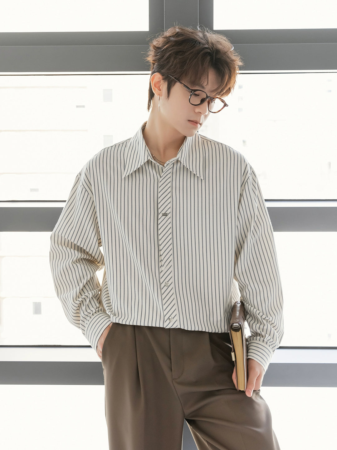 Camicia a maniche lunghe a righe Seersucker 