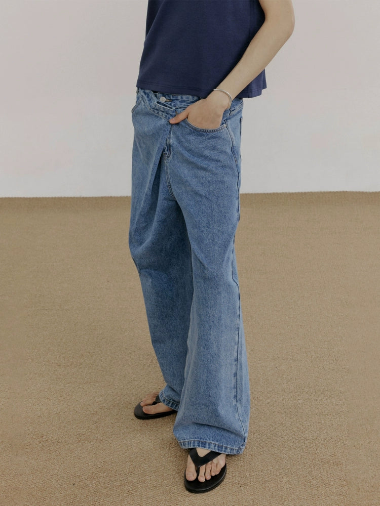 Wide Leg Slant Placket Jeans