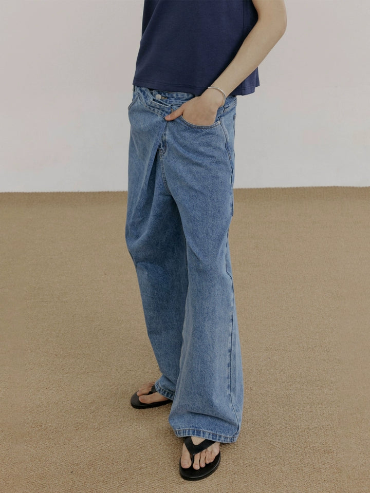 Wide Leg Slant Placket Jeans