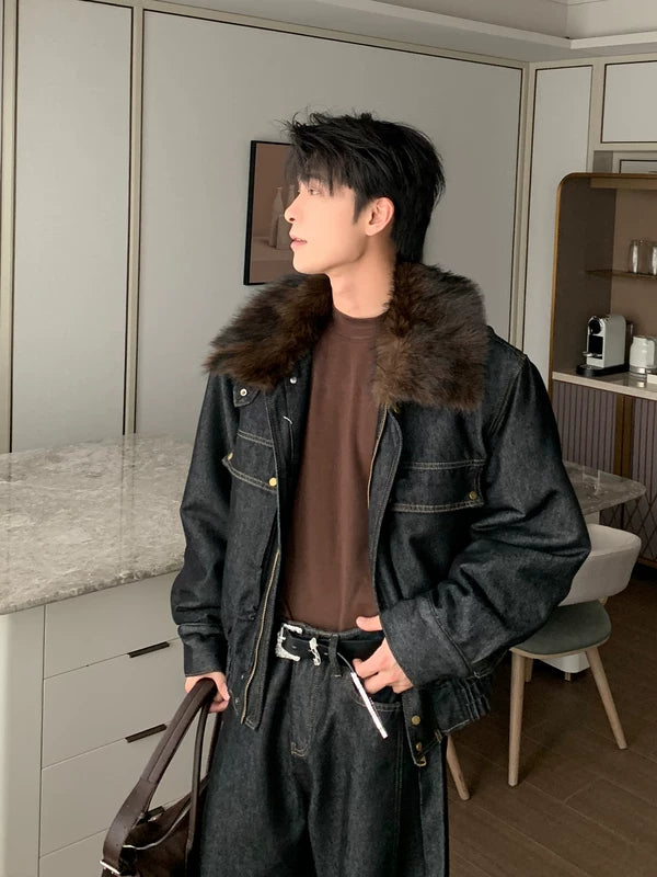 Chaqueta de mezclilla cálida con cuello de piel de invierno 