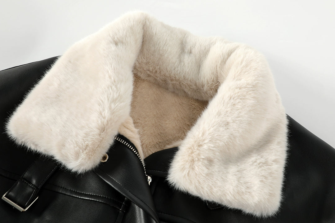 Faux Fur Collar Faux Leather Coat