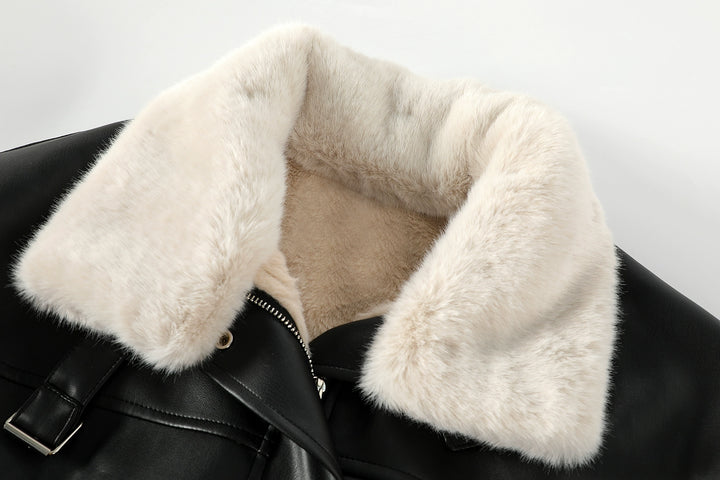 Faux Fur Collar Faux Leather Coat