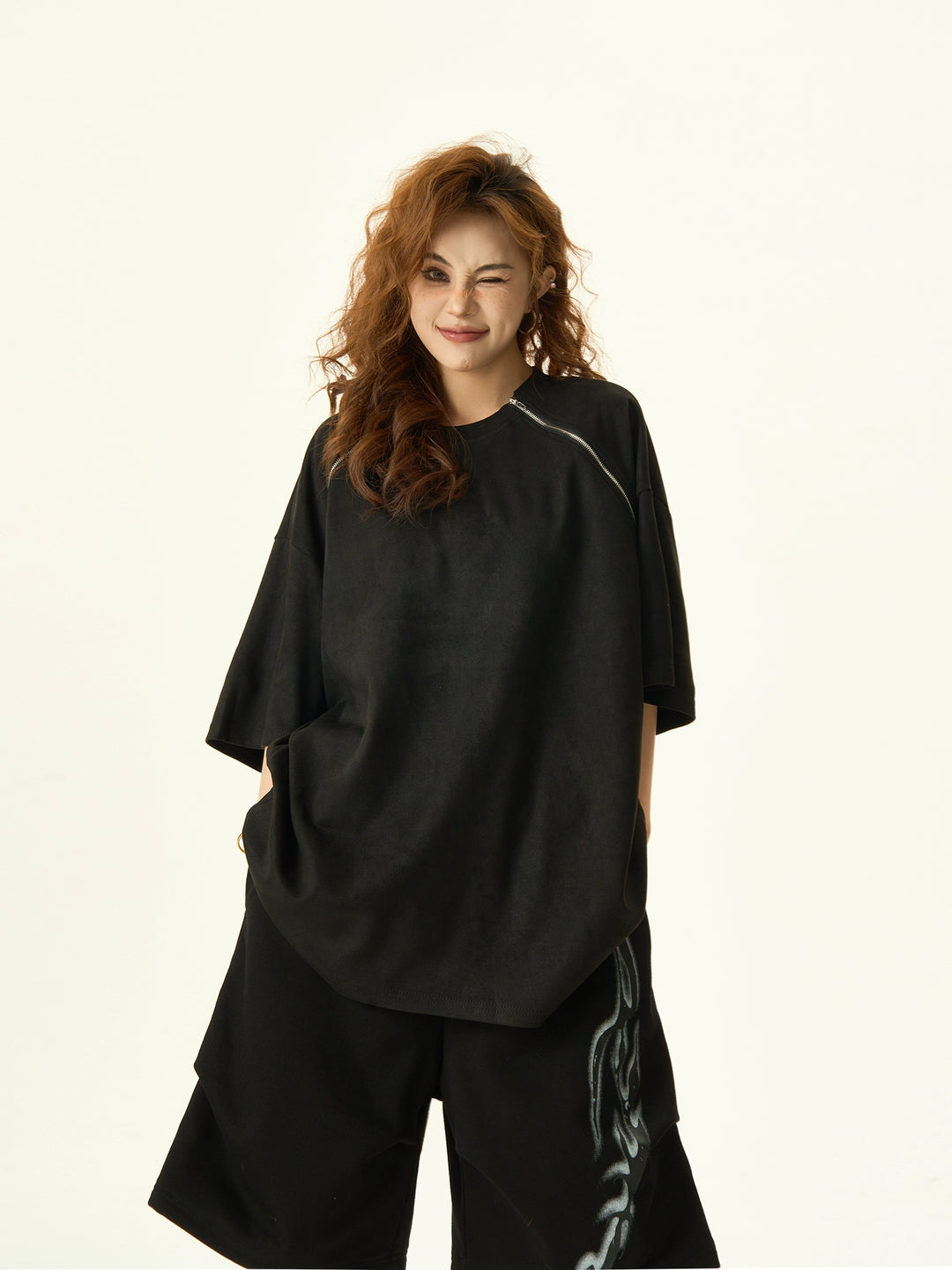 Double Zipper Loose Fit Short Sleeve Top