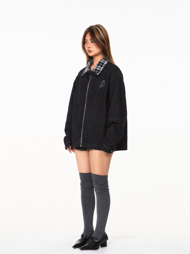 Plaid Lapel Denim Jacket