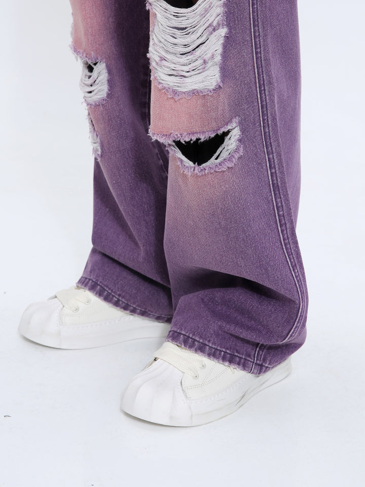 Loose Straight Ripped Mid-Waist Jeans