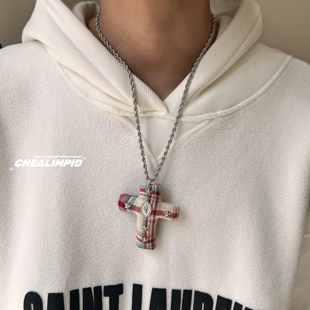 Plaid Cross Pendant Long Chain Necklace