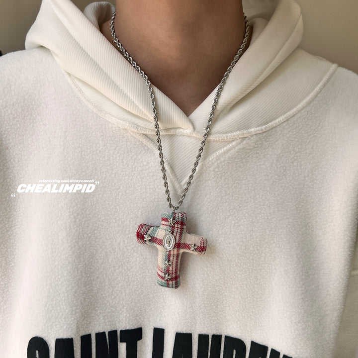 Plaid Cross Pendant Long Chain Necklace