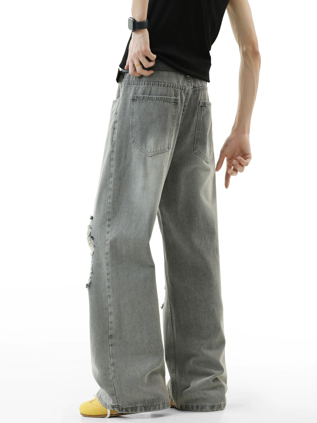 Ripped Washed Wide-Leg Straight Pants