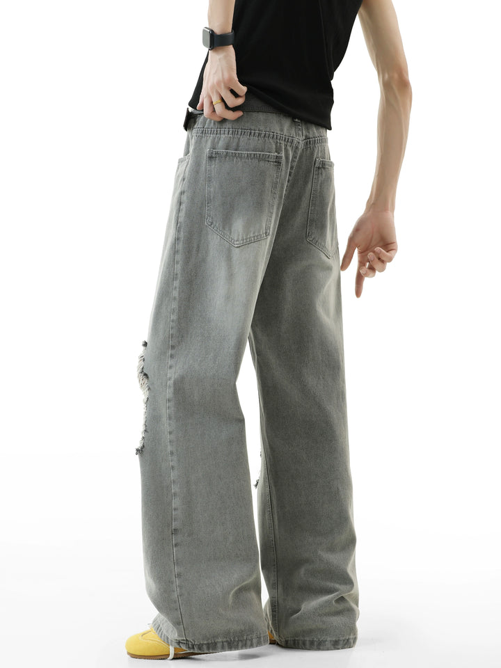 Ripped Washed Wide-Leg Straight Pants