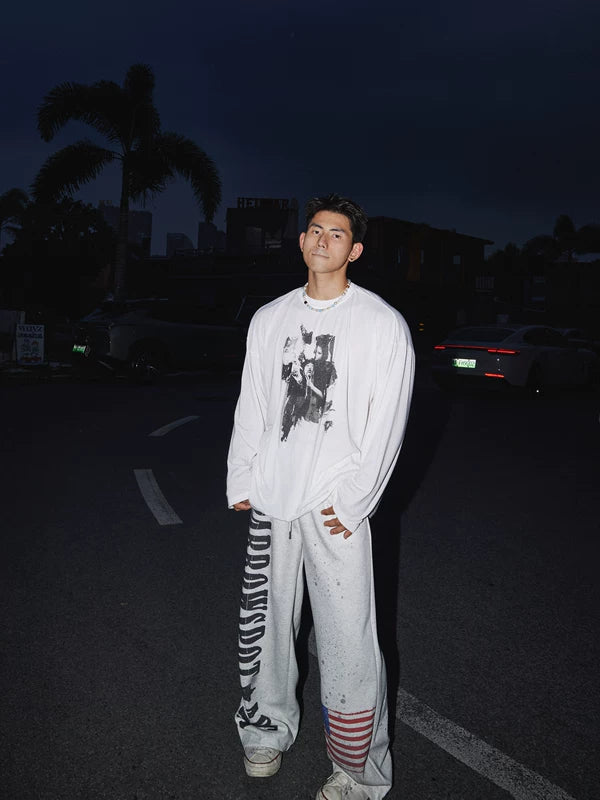 Pantalones de chándal rectos con impresión de letras retro 