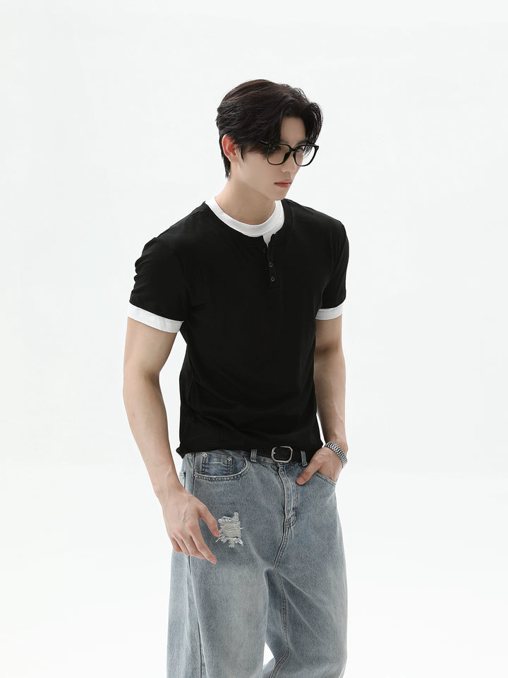 Retro Henley-Kragen Kurzarm-Pullover 