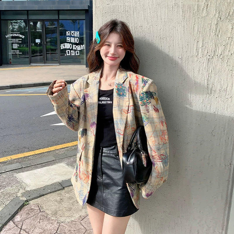 Graffiti Print Oversized Casual Suit Jacket