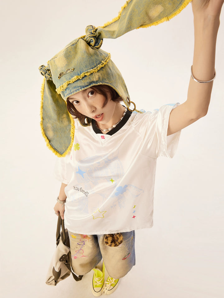 Retro Cartoon Graphic V-Neck Jersey Top