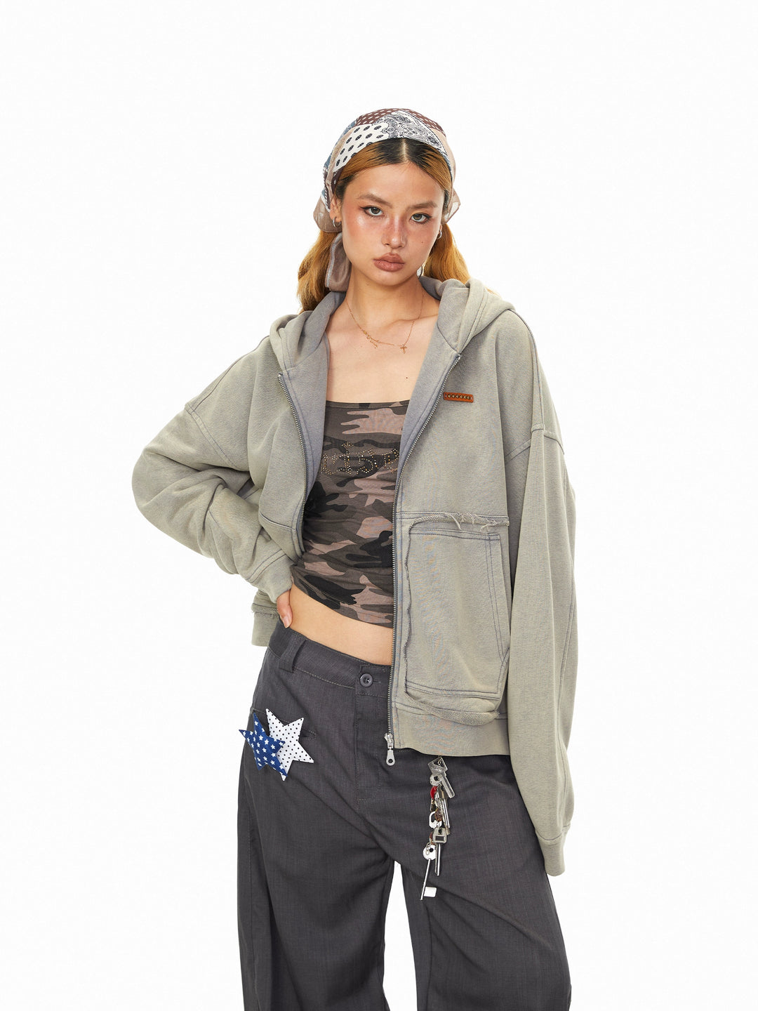 Patchwork Pocket Zip Up Hooded Sweatshirt