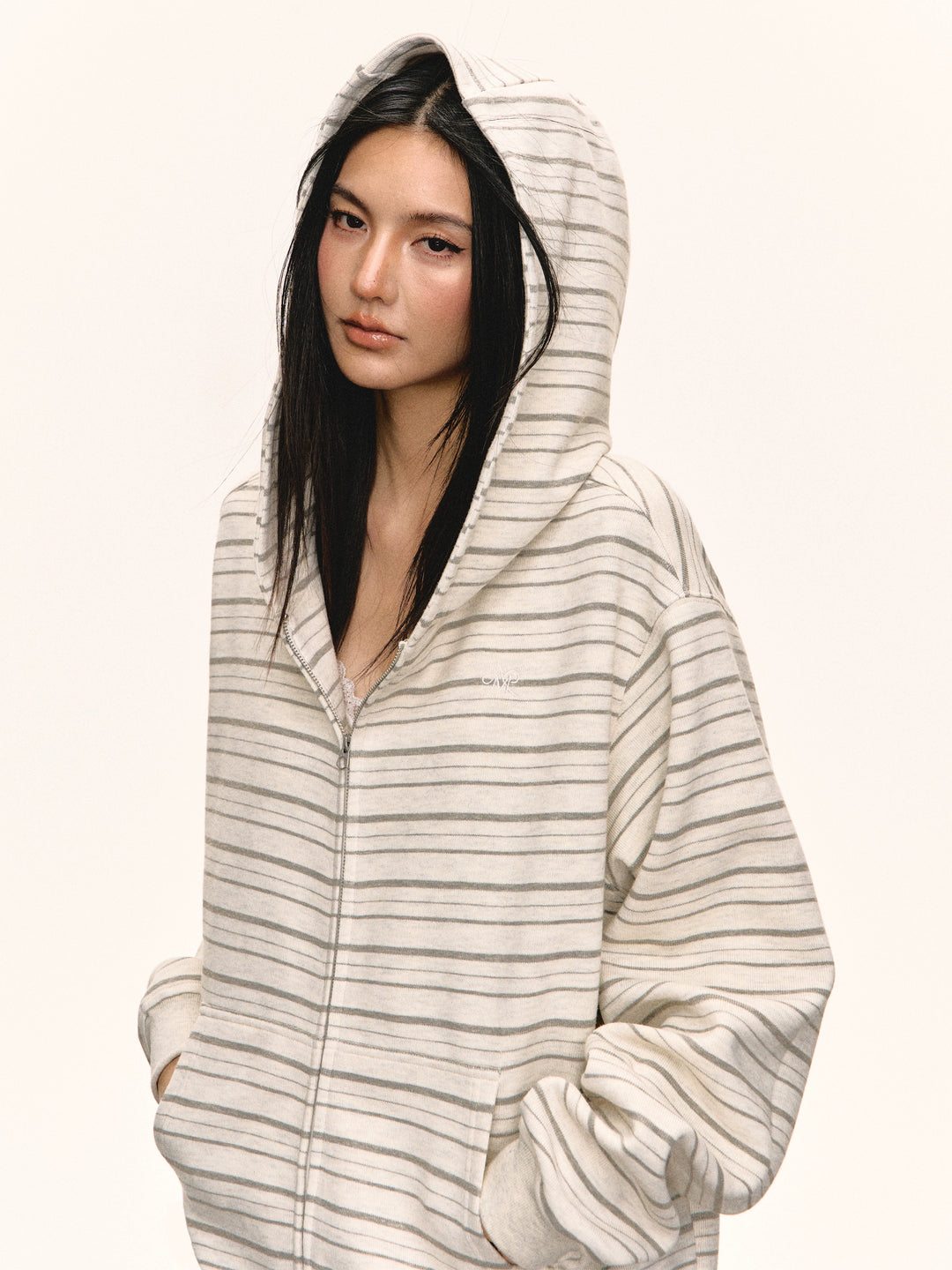 Striped Zip-Up Hooded Cardigan