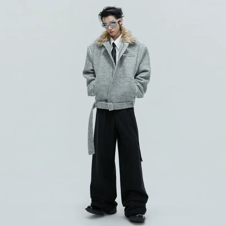 Detachable Fur Collar Textured Cotton Jacket