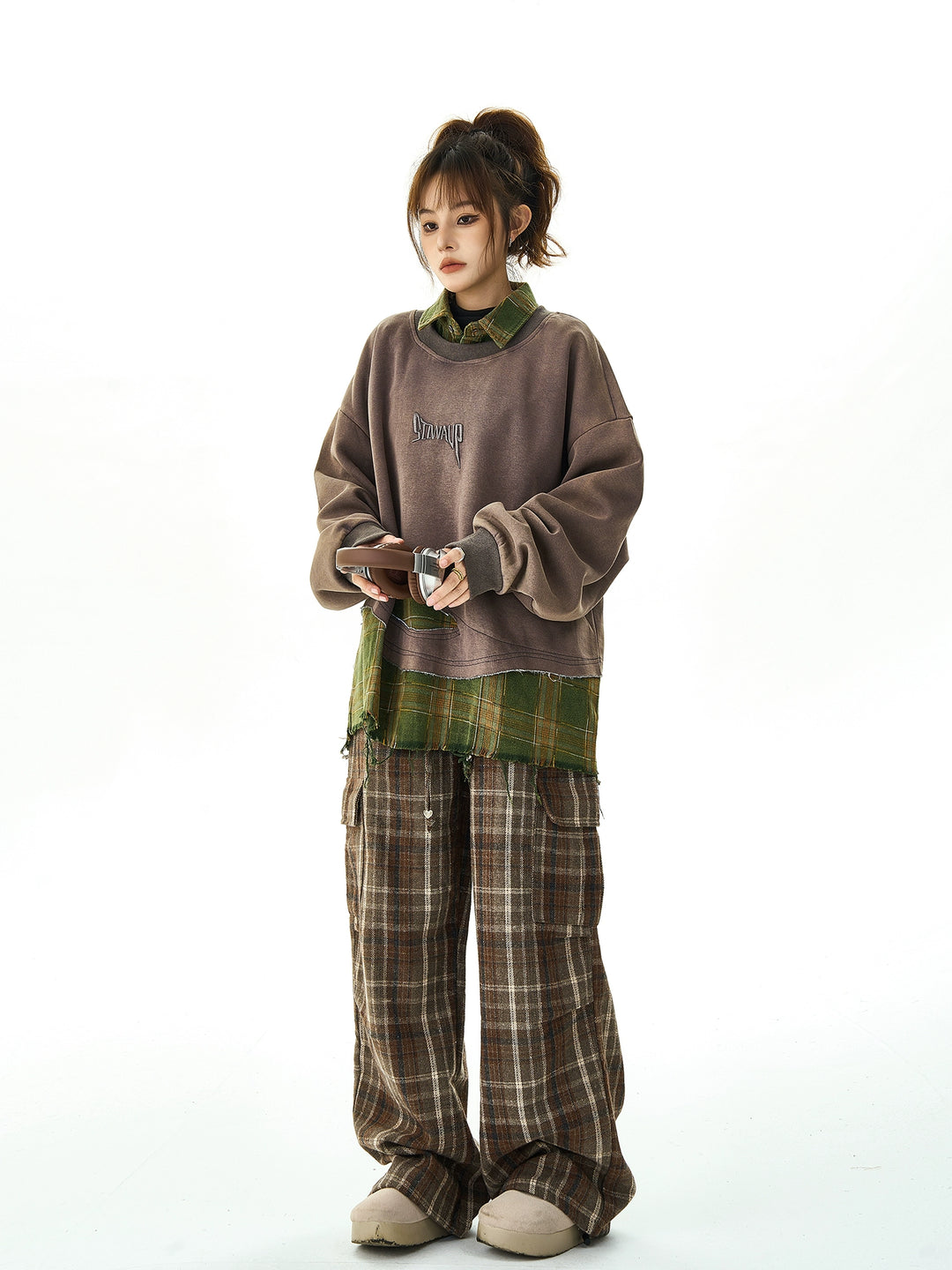 Retro Rutete Splice Slitt Sweatshirt Sett 