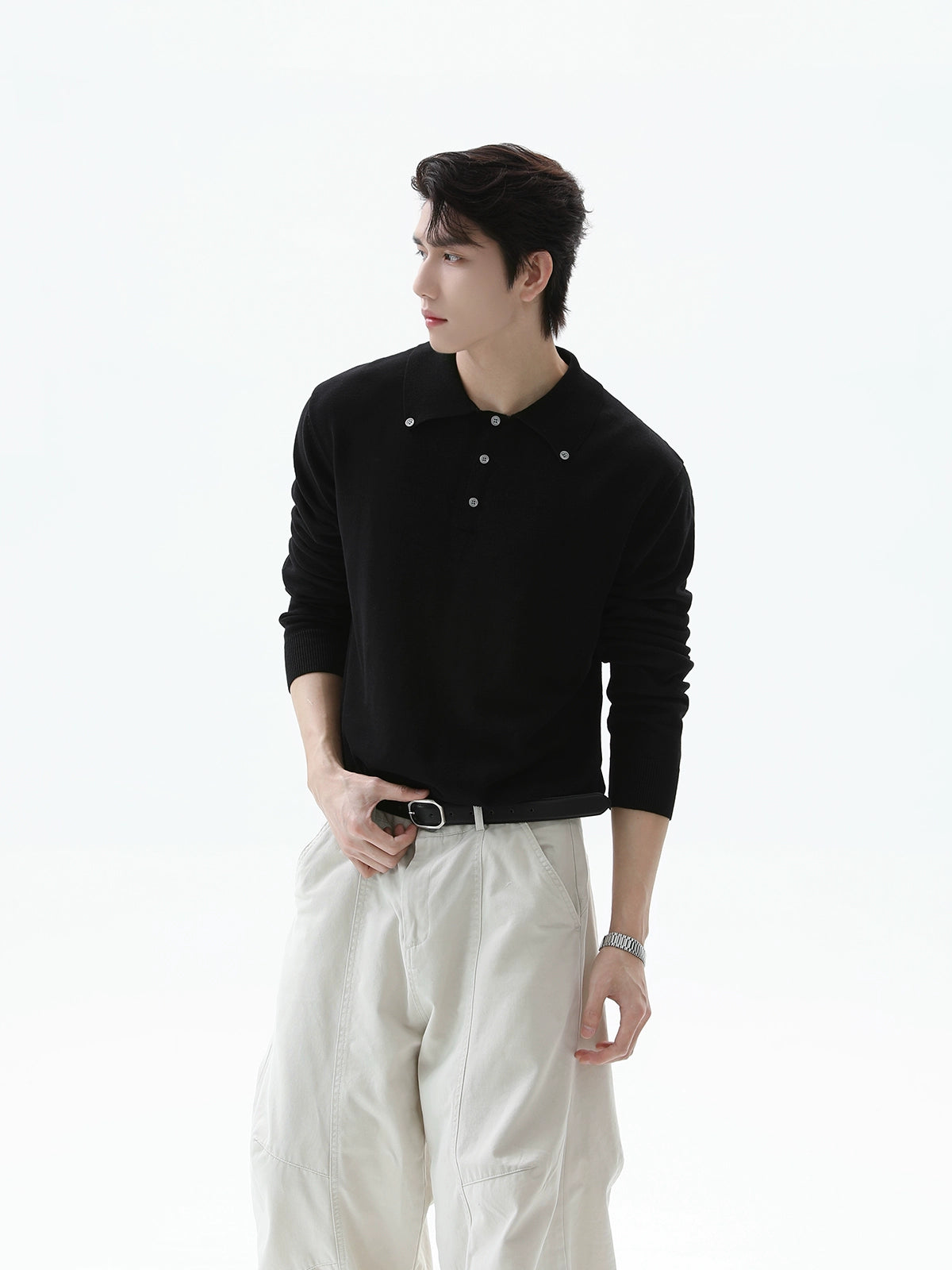 Retro Yaka Butonu Uzun Kollu Polo 