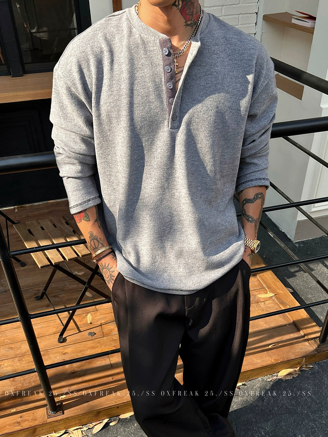 Strick-Henley-Kragen Pullover mit langen Ärmeln 