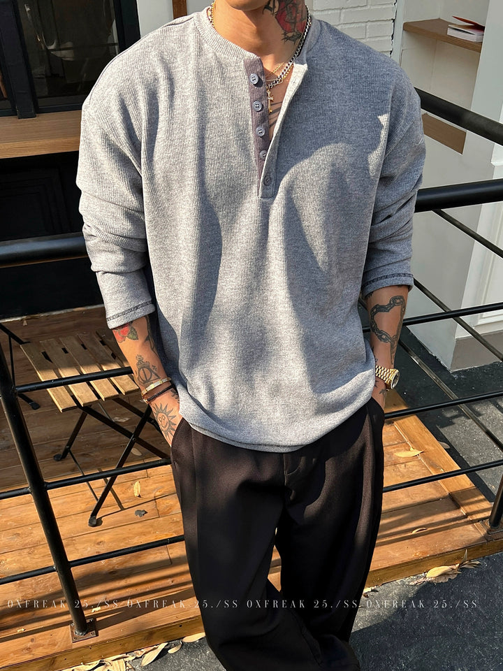 Strick-Henley-Kragen Pullover mit langen Ärmeln 