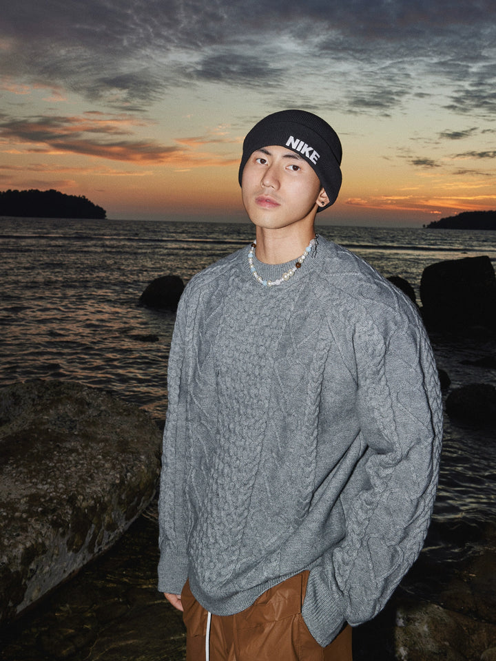 Gray Cable Knit Loose Sweater