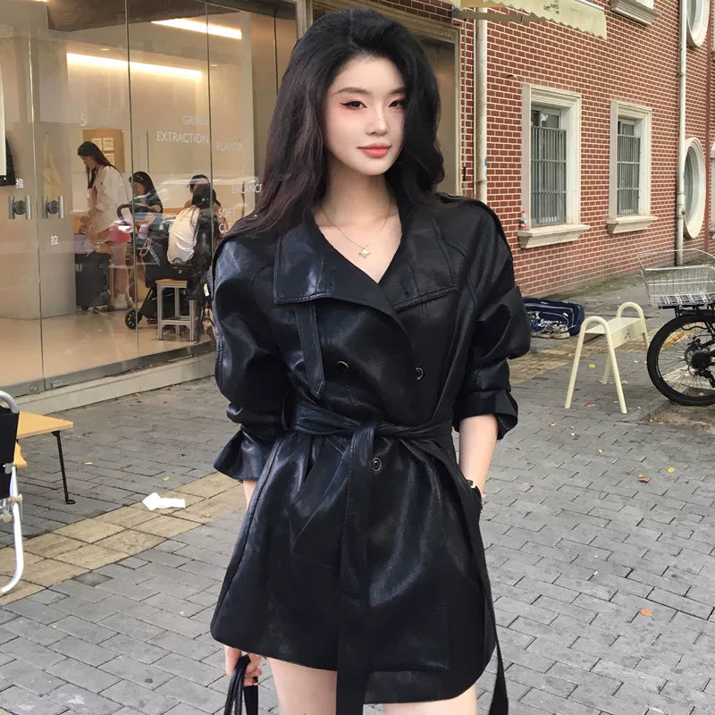 PU Leather Belted Stand Collar Trench