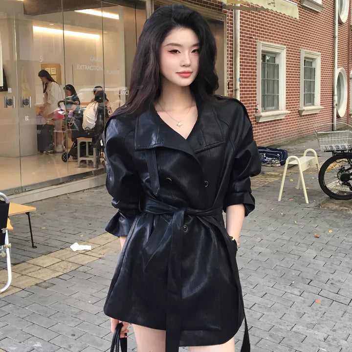 PU Leather Belted Stand Collar Trench