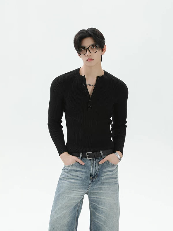 슬림 핏 리브 니트 헨리 스웨터 