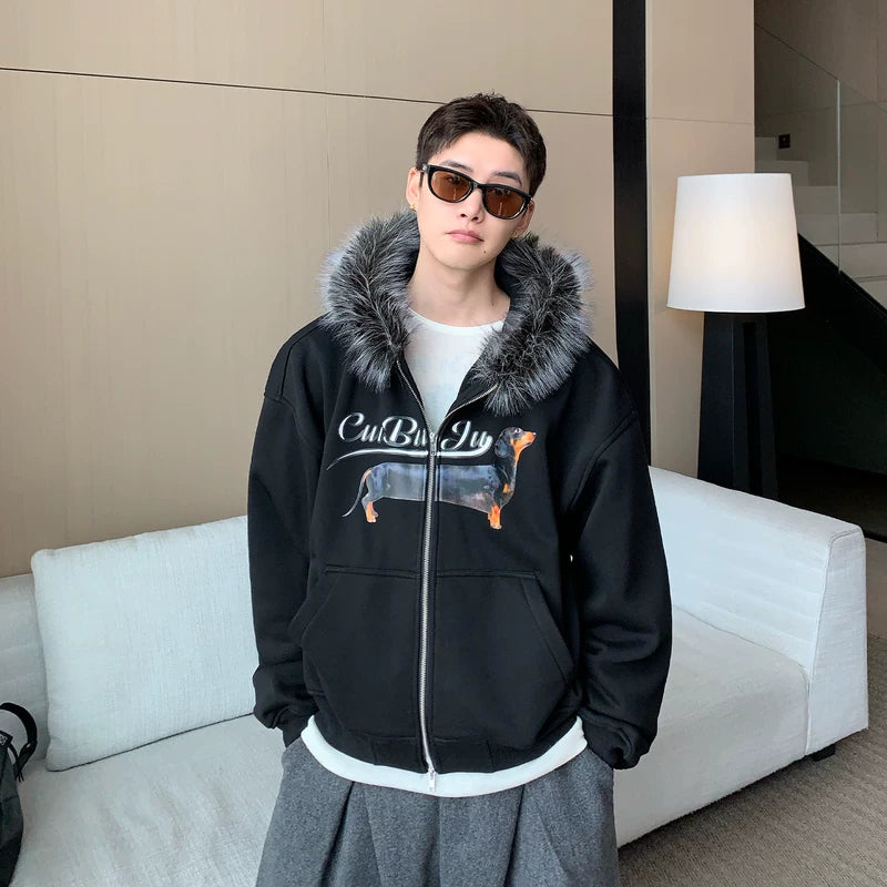 Fur Collar Dog Print Hooded Cardigan